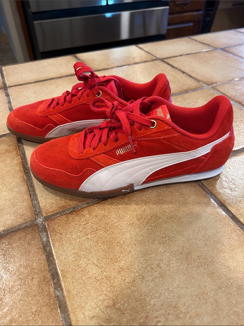 Puma Womens Red Suede Sneakers with White Formstrip